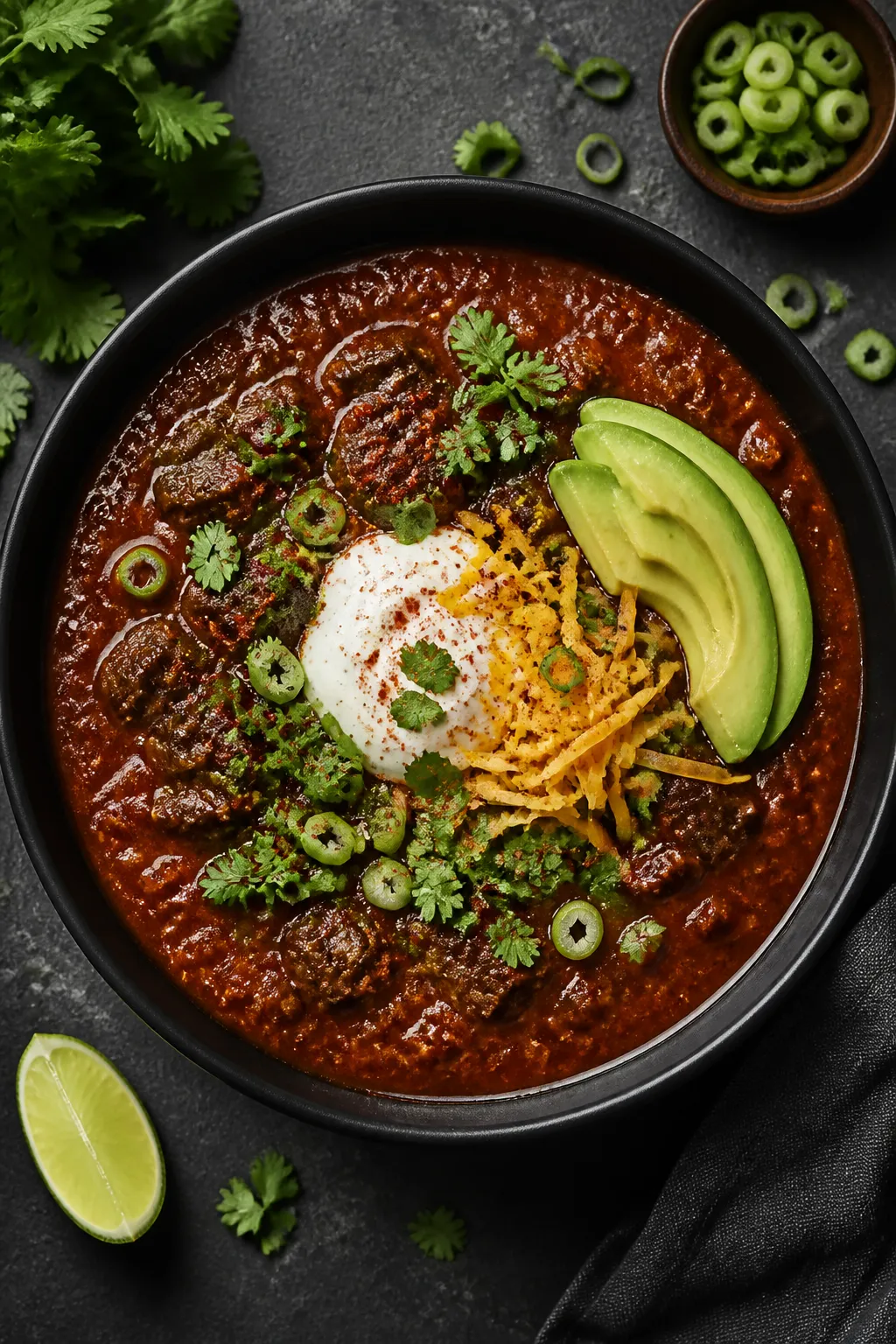 Final plated hero shot: Beautifully plated bowl of Texas chili (no beans) with a deep, brick-red, ve
