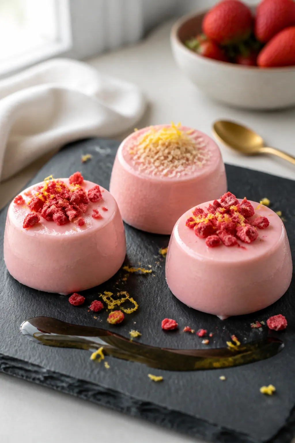 Final plated presentation: A trio of fully set strawberry cheesecake fat bombs arranged on a slate b