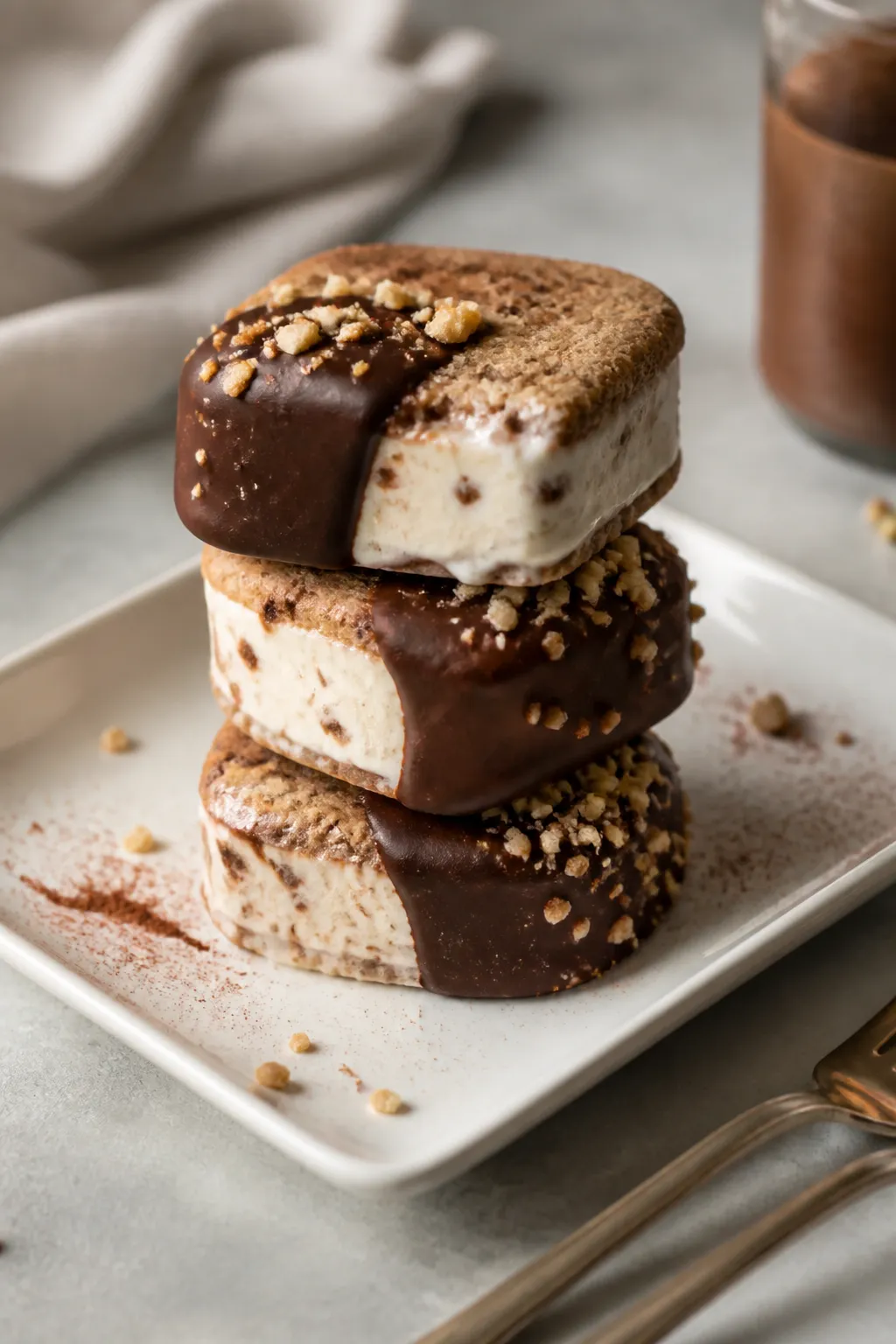 Final plated presentation: A trio of keto ice cream sandwich bites stacked slightly staggered on a s