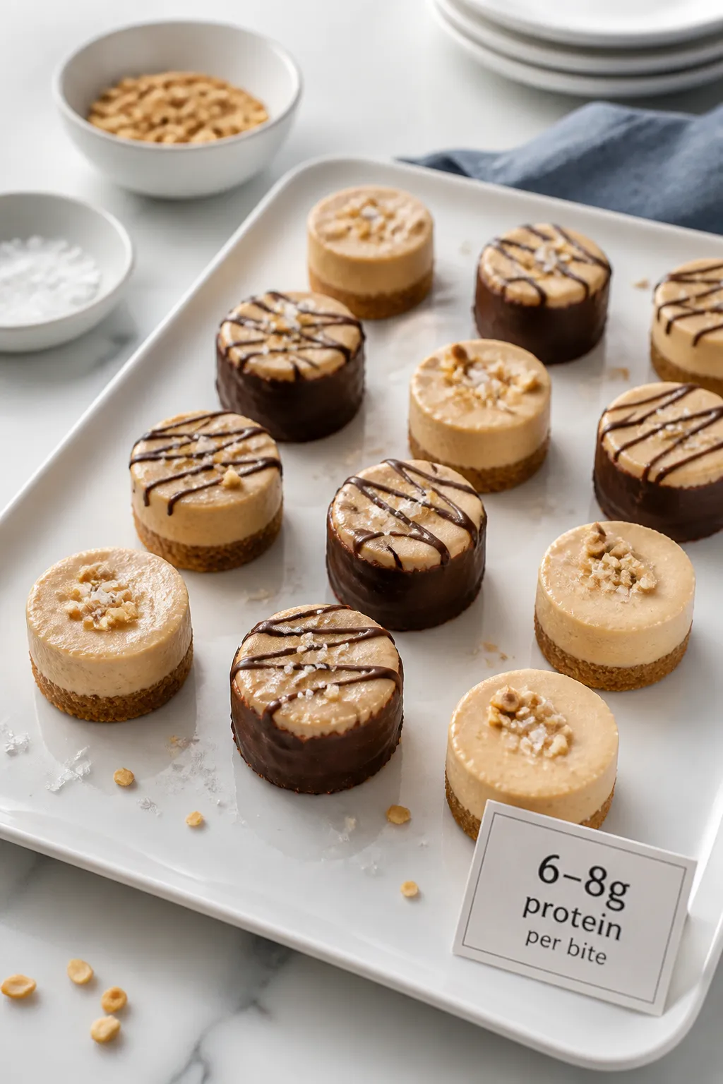 Final plated presentation of assorted high-protein peanut butter cheesecake bites on a white ceramic