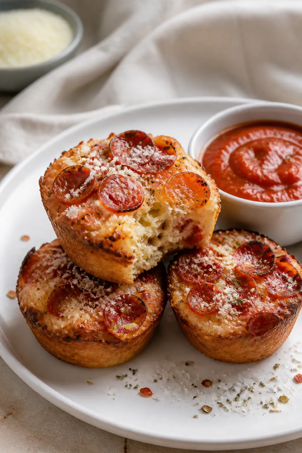 Final plated presentation: Restaurant-quality serving of High Protein Keto Pizza Muffins on a matte