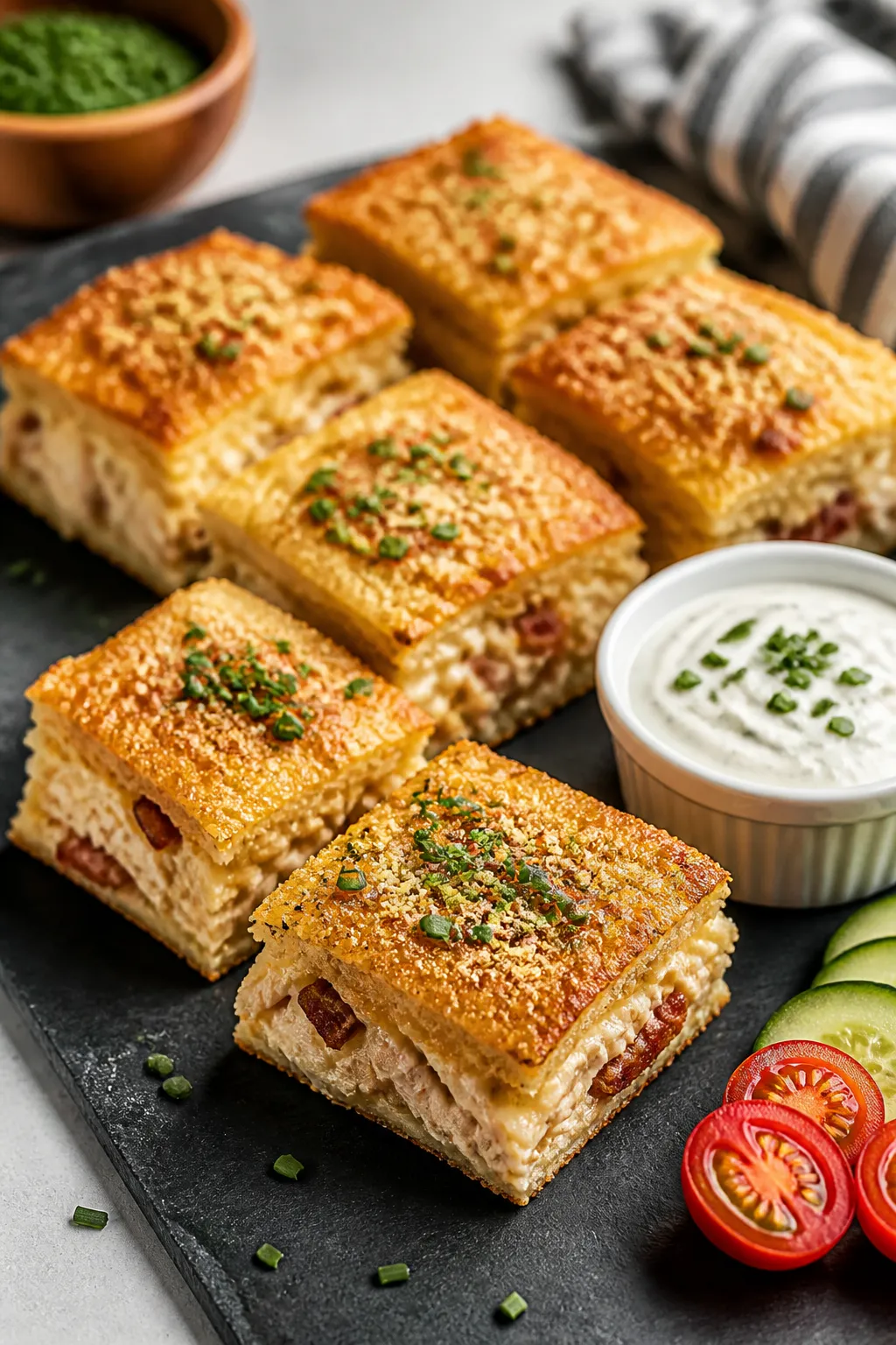 Final plated presentation: Sliced slider squares arranged neatly on a dark slate board for contrast,