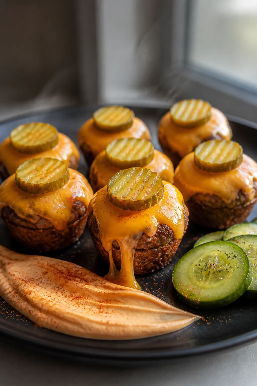 Final plated restaurant-style presentation of Mini “Slider” Style Cheeseburger Bites baked in mi