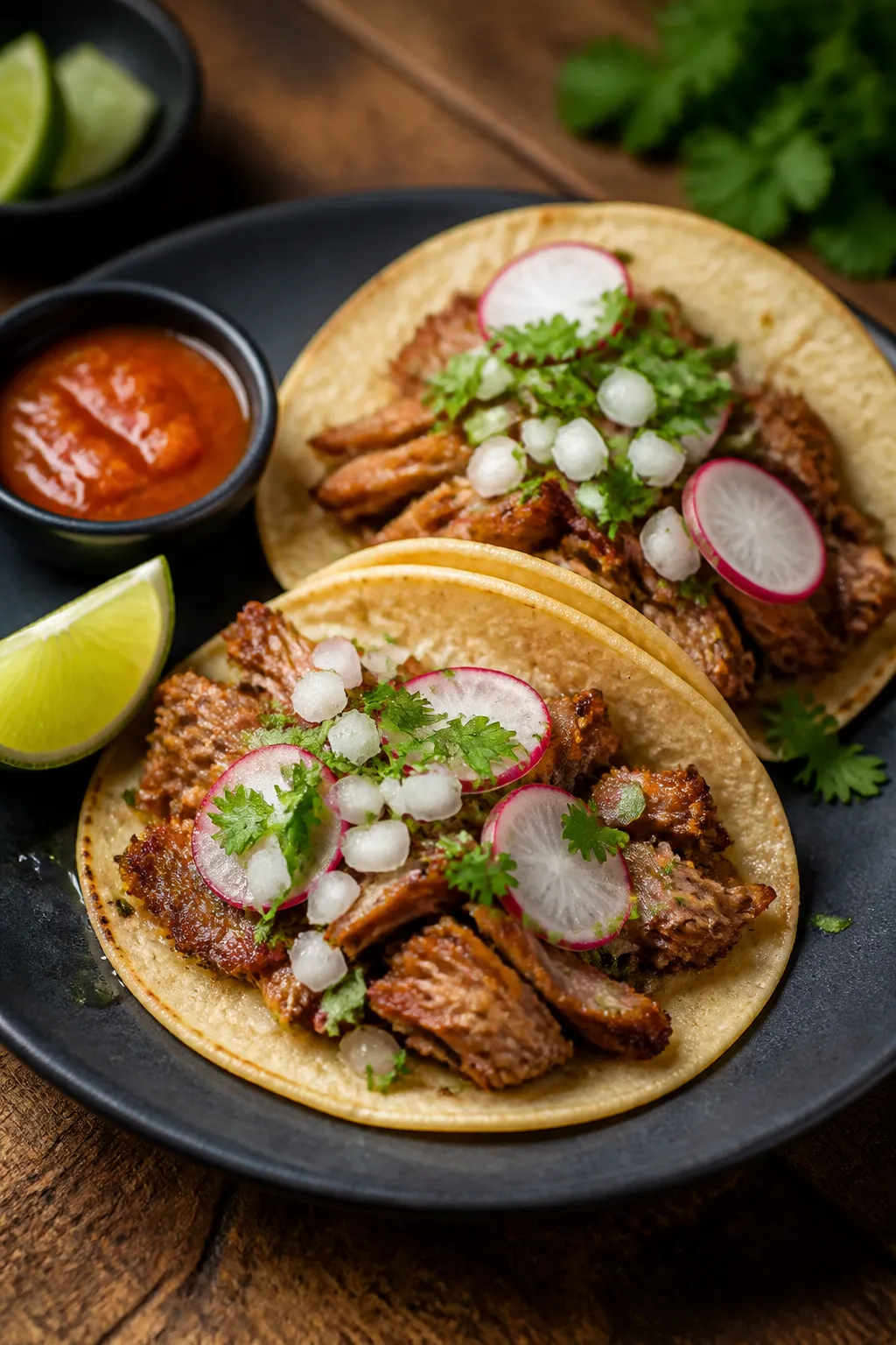 Final plated street tacos: Two keto almond-flour tortillas filled with juicy, crispy-edged carnitas,