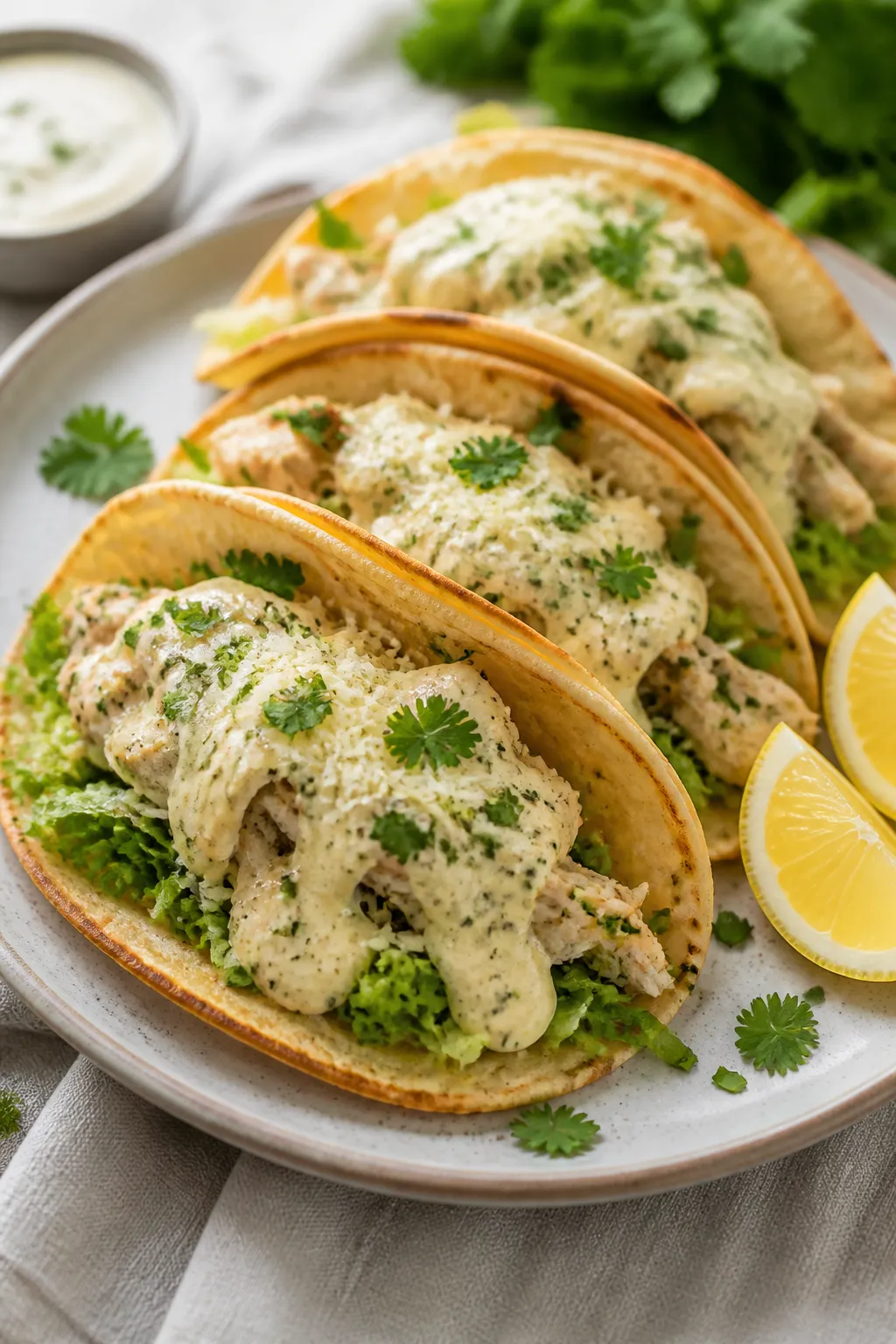 Final plated tacos: Beautifully plated Keto Garlic Parmesan Chicken Tacos on a neutral ceramic plate