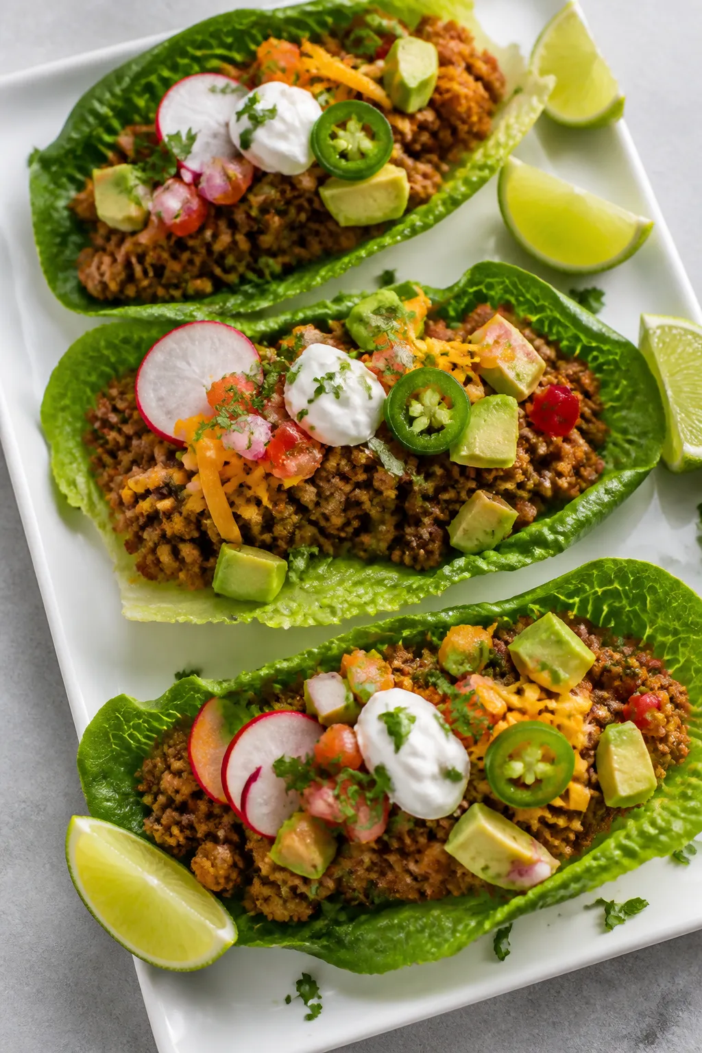 Final plated tacos beauty shot: Keto ground turkey tacos served in crisp romaine lettuce boats, gene