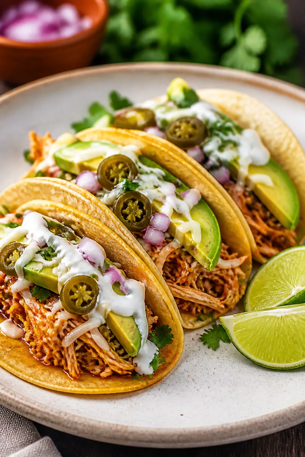 Final plated tacos beauty shot: Keto Mexican shredded chicken tacos in warm low-carb tortillas, gene