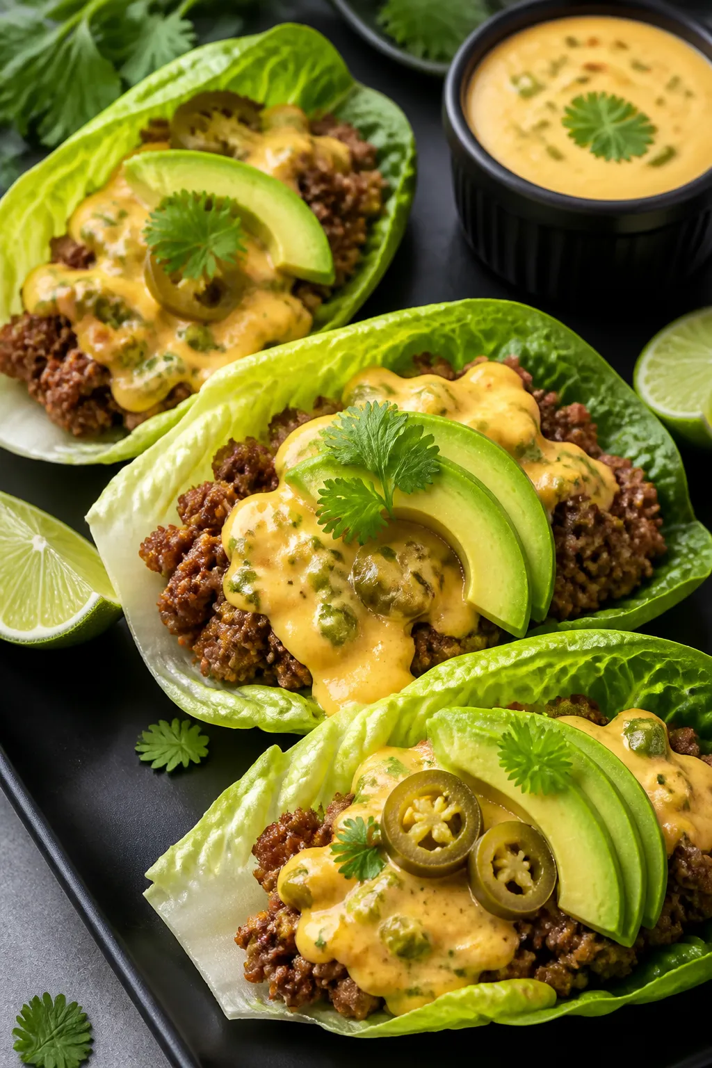 Final plated tacos beauty shot: Keto queso beef tacos assembled in romaine lettuce cups on a matte b
