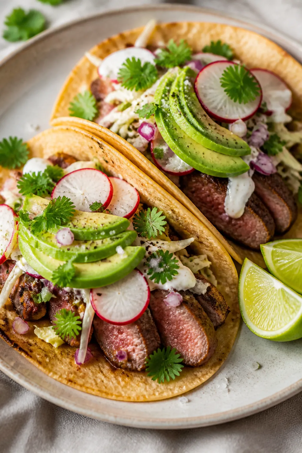 Final plated tacos beauty shot: Two keto carne asada tacos on a stoneware plate, filled with juicy m