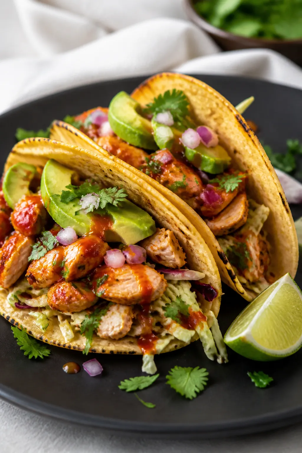 Final plated tacos, hero shot: Two Spicy Chipotle Chicken Keto Tacos on a matte black plate, low-car