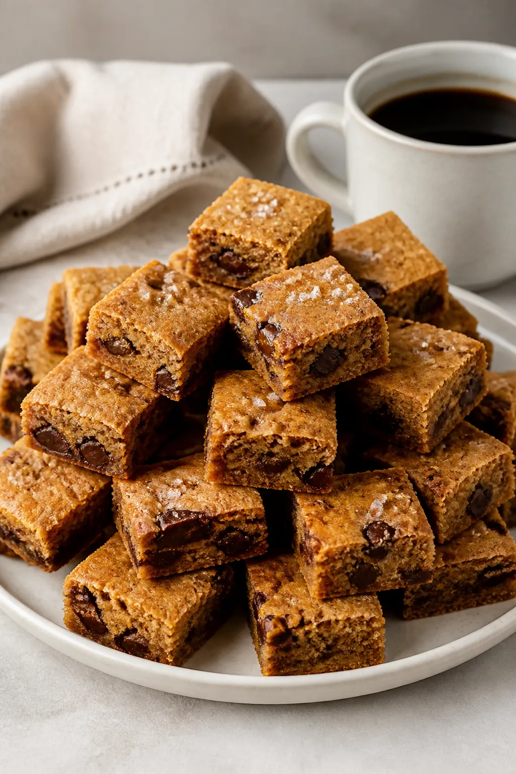 Final presentation, bite-sized: Beautifully plated blondie bites cut into small squares (25–36), s