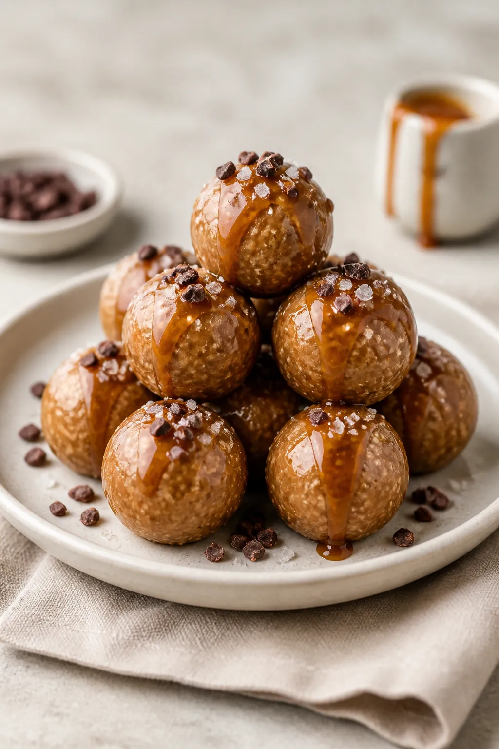 Final presentation: Restaurant-quality plating of caramel protein balls arranged in a neat pyramid o