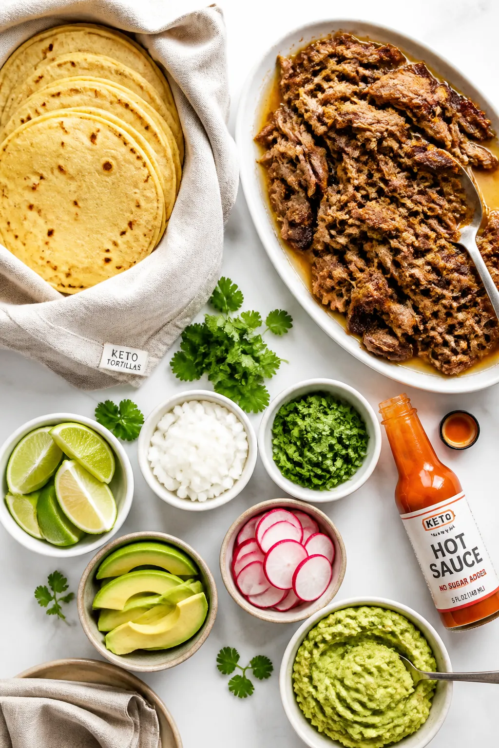 Overhead “build-your-own” spread: Tasty top-down shot of a taco assembly board featuring a warm