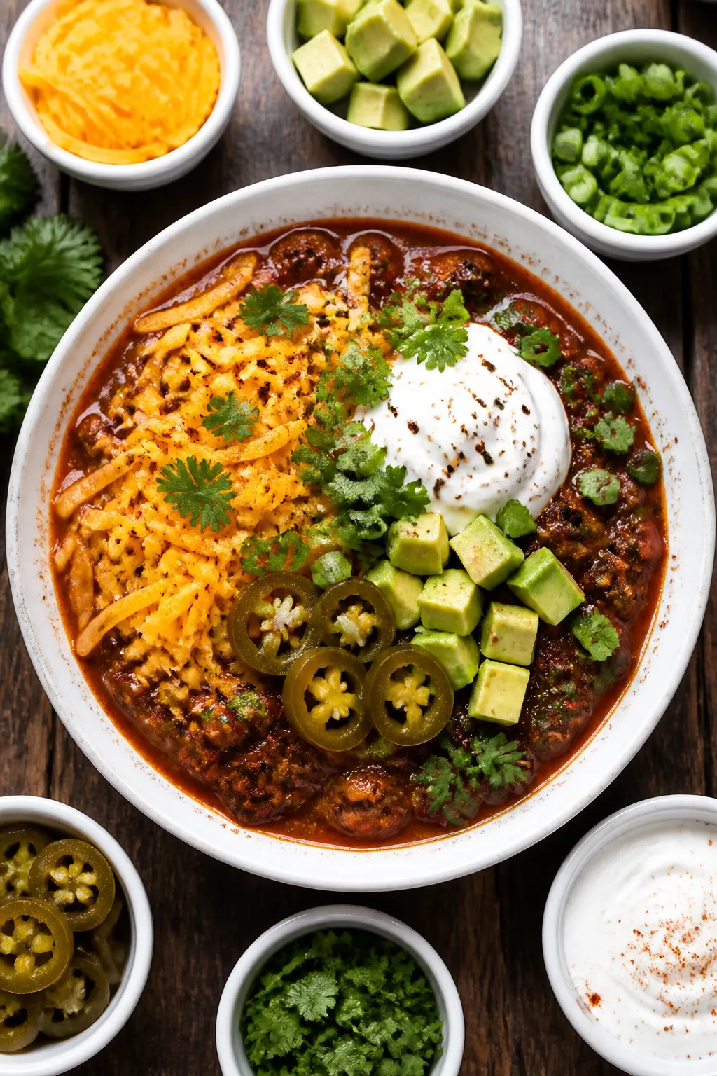 Overhead final dish: of a bowl of slow cooker keto chili styled with generous shredded cheddar melti