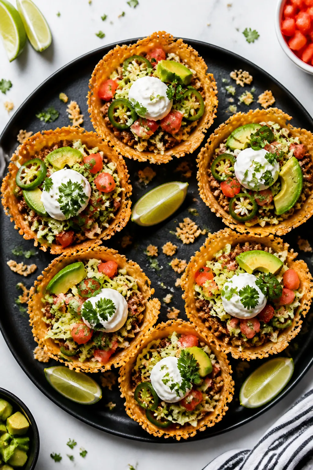 Overhead final dish: Tasty top view of assembled Keto Taco Cups on a matte black platter, each cup f