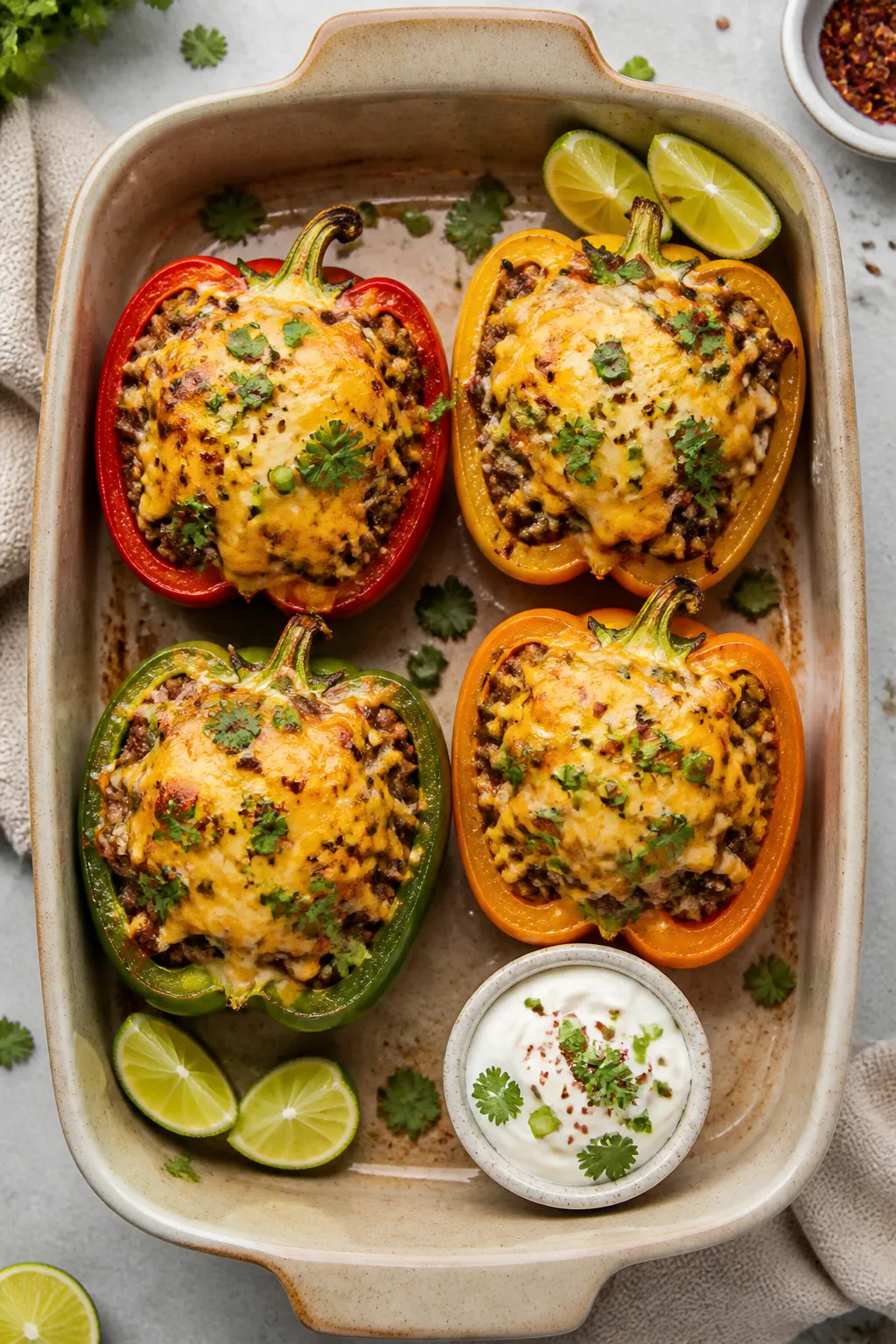 Overhead final presentation: Four keto chili stuffed peppers (mixed colors: red, yellow, green, oran