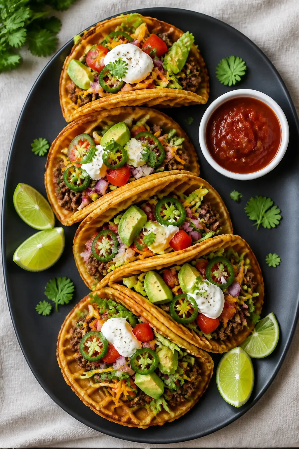 Overhead final presentation: Keto Taco Chaffle Tacos assembled and ready to serve—crisp golden cha