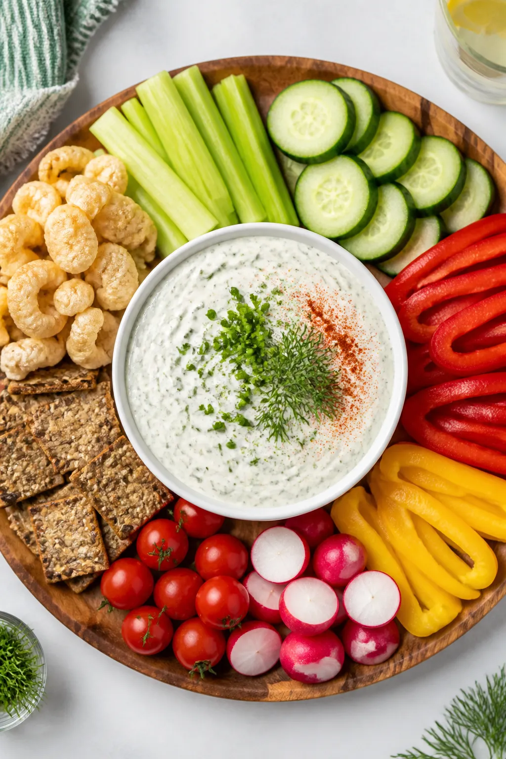 Overhead “game day” platter of the final dip: of a round wooden board with the ranch dip centere