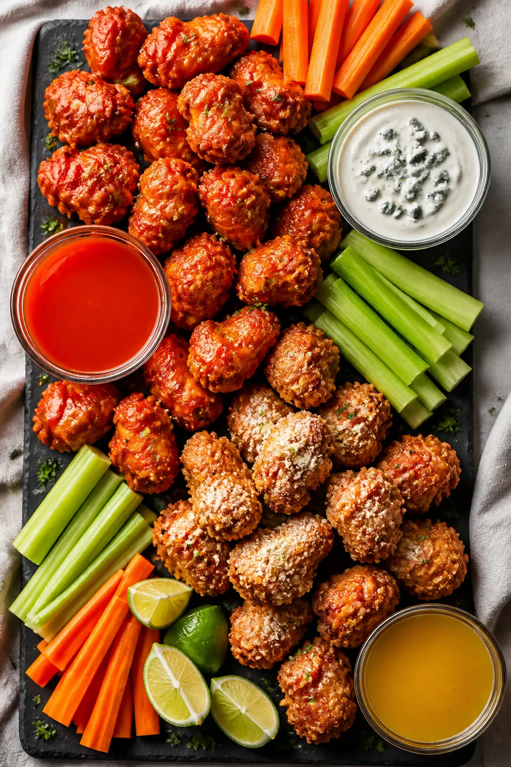 Overhead “game day” spread: Top-down shot of a board featuring saucy buffalo chicken bites and a