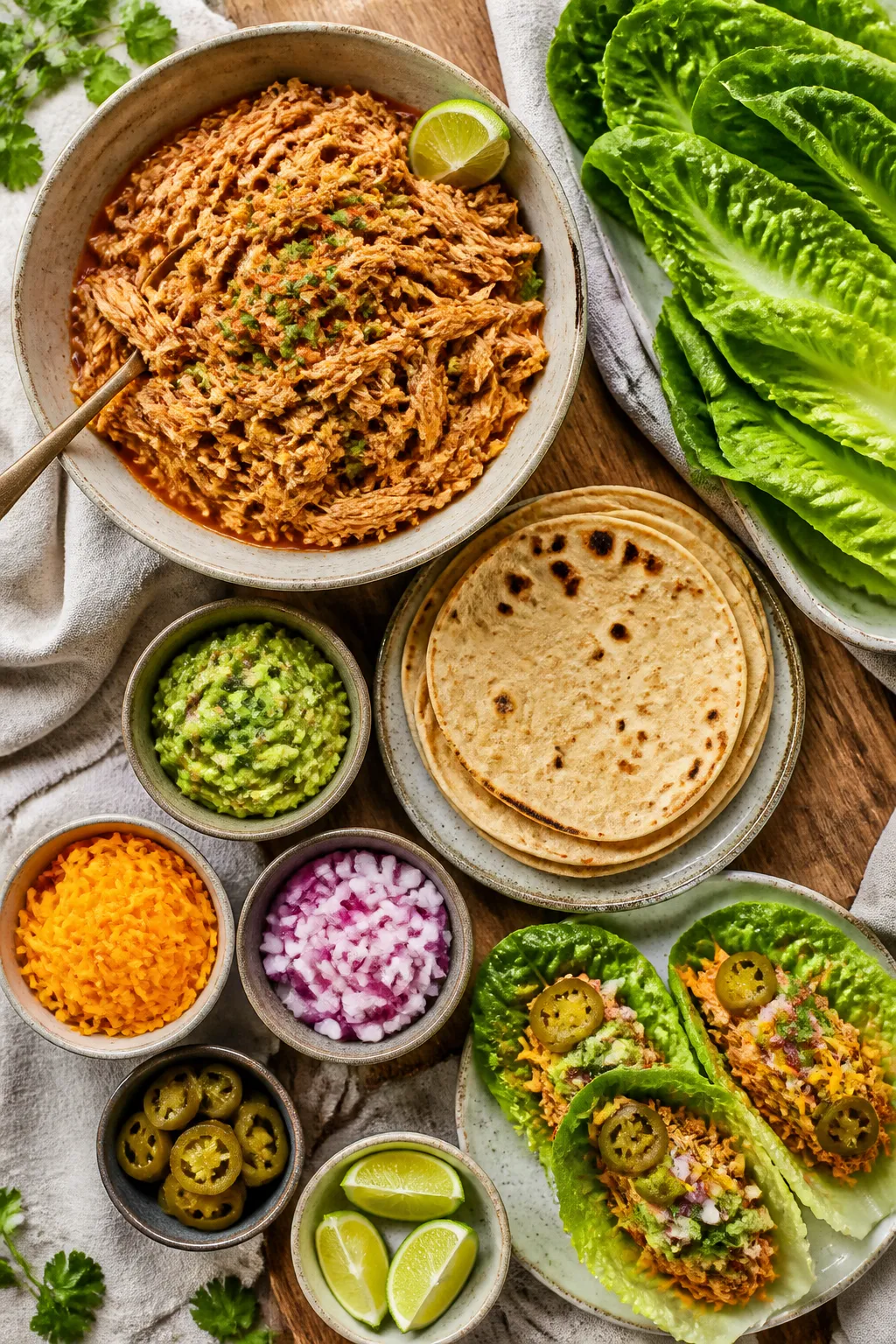 Overhead meal-prep and serving spread: Top-down shot of a taco-building scene featuring a shallow bo