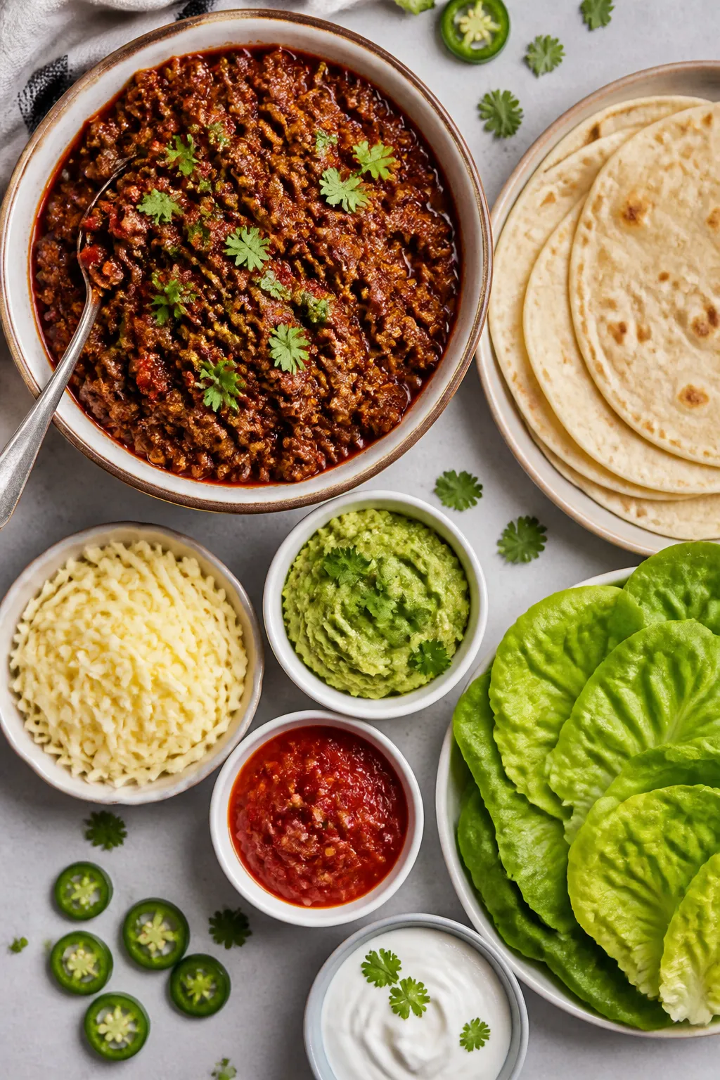 Overhead meal-prep/top view: top-down shot of a taco night spread featuring a bowl of the finished t