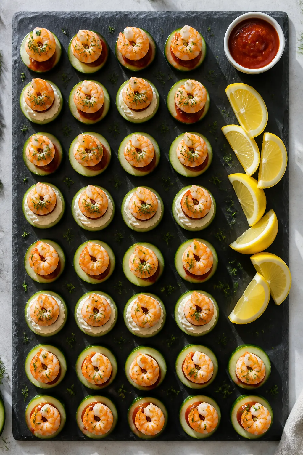 Overhead party-ready platter: Tasty top-down shot of a chilled slate platter neatly arranged with 30