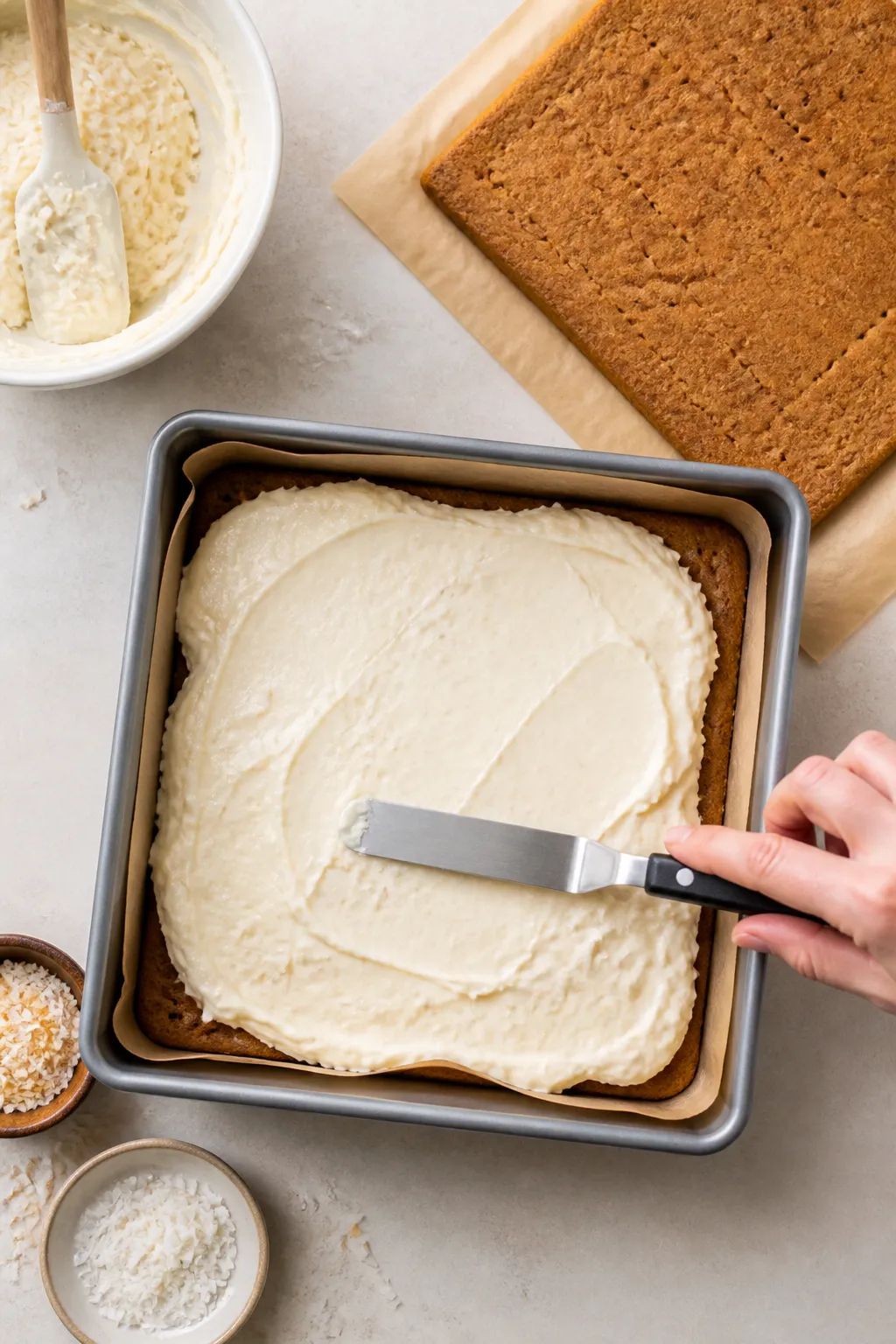 Overhead process shot: Assembly in an 8x8-inch parchment-lined pan—bottom baked cookie layer laid
