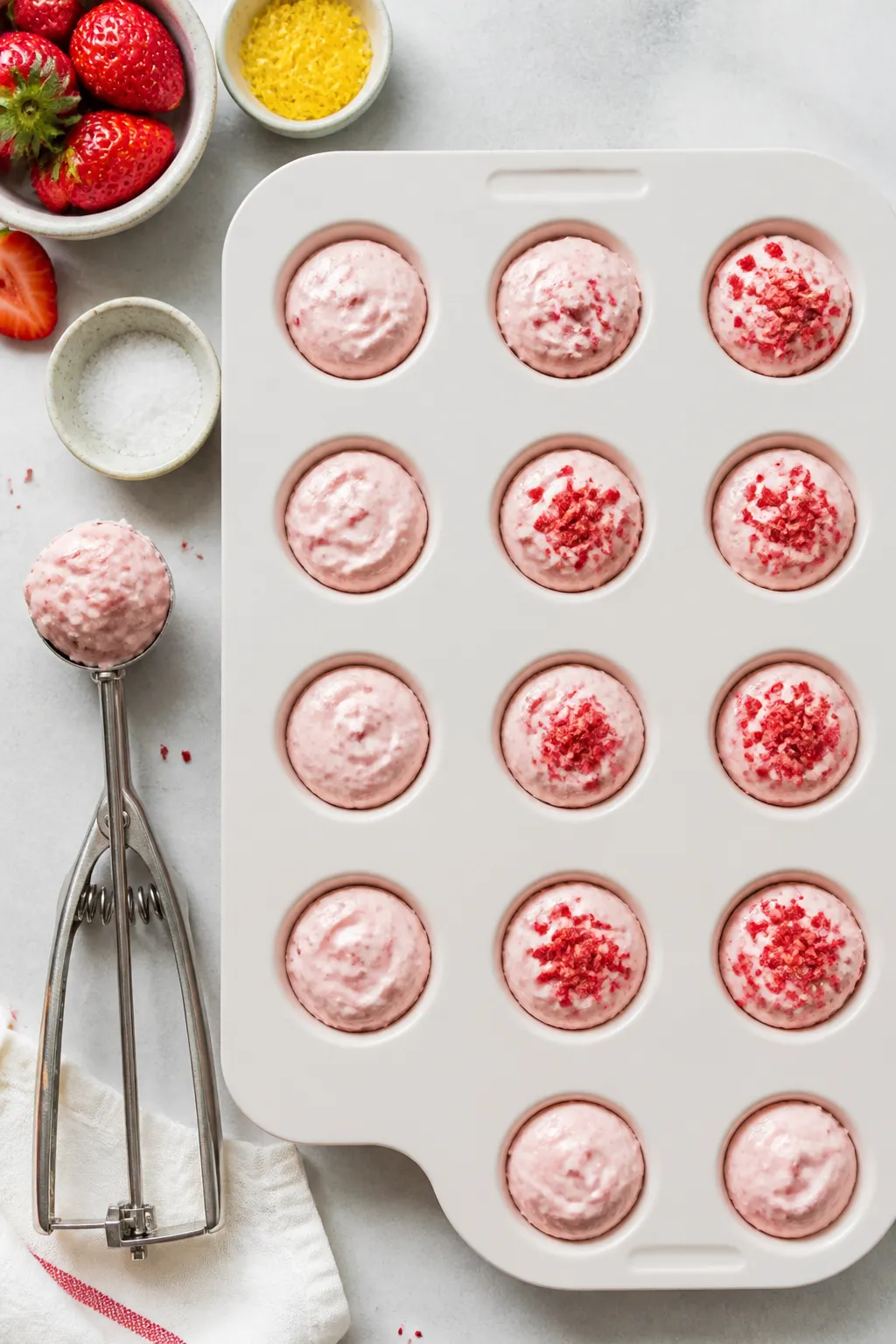 Overhead process shot: Portioning the finished mixture into a silicone mini-muffin mold—each cavit