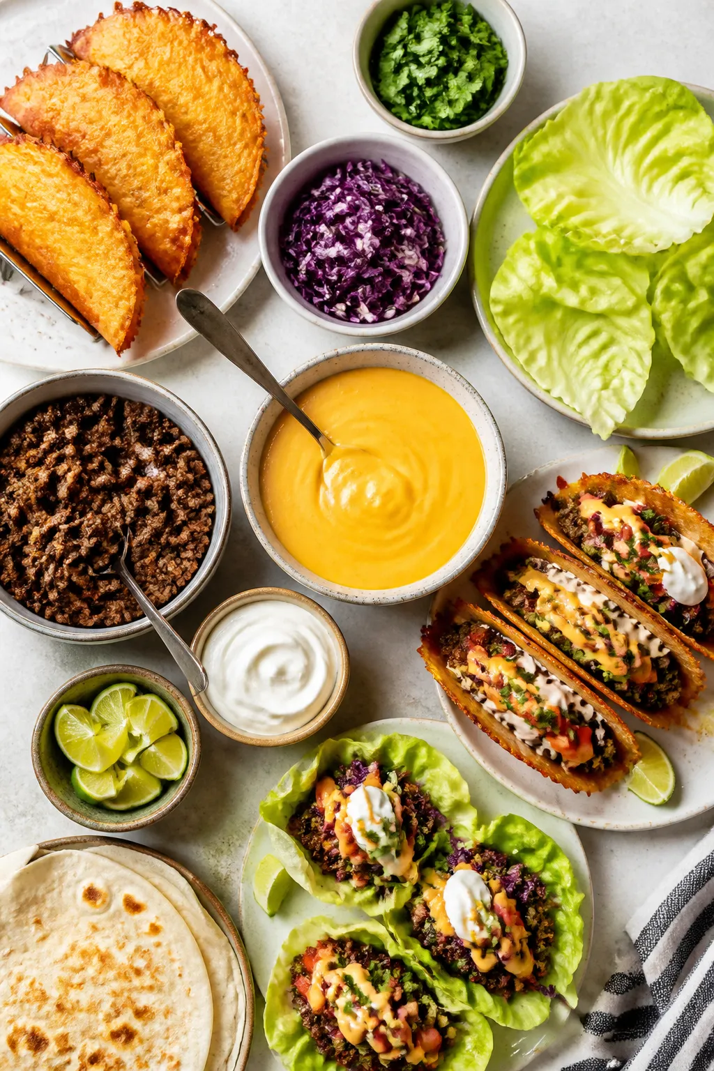 Overhead “taco night” spread: of a build-your-own setup with three shell options—golden baked