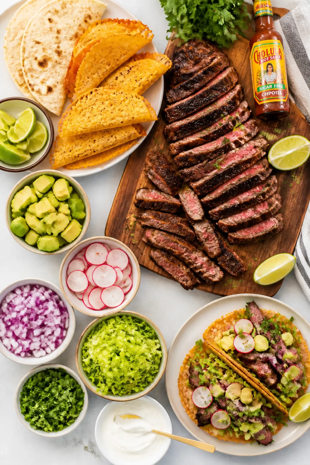 Overhead taco spread: of a build-your-own keto taco scene featuring warmed low-carb tortillas and go