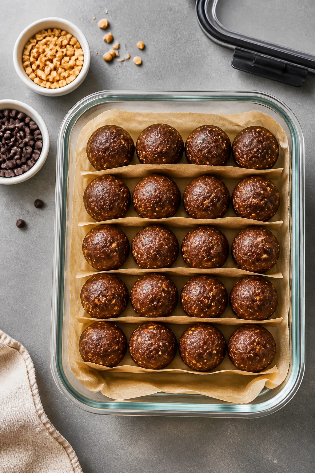Overhead tasty top view: a neatly arranged grid of 18–22 set protein balls in an airtight glass co