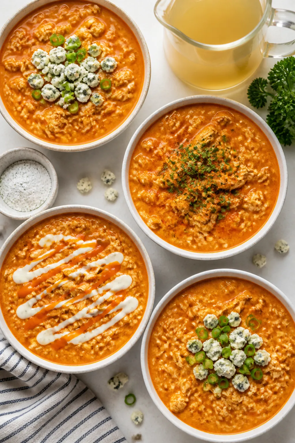 Overhead “tasty top view” for meal prep: Multiple shallow bowls filled with the finished Keto Bu