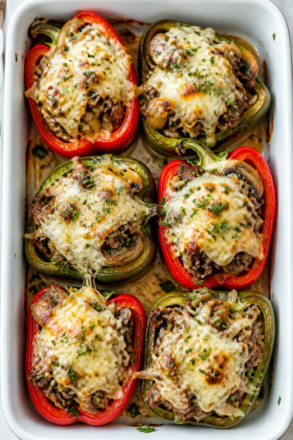 Overhead “tasty top view”: Keto Philly Cheesesteak Stuffed Peppers just out of the oven in a whi