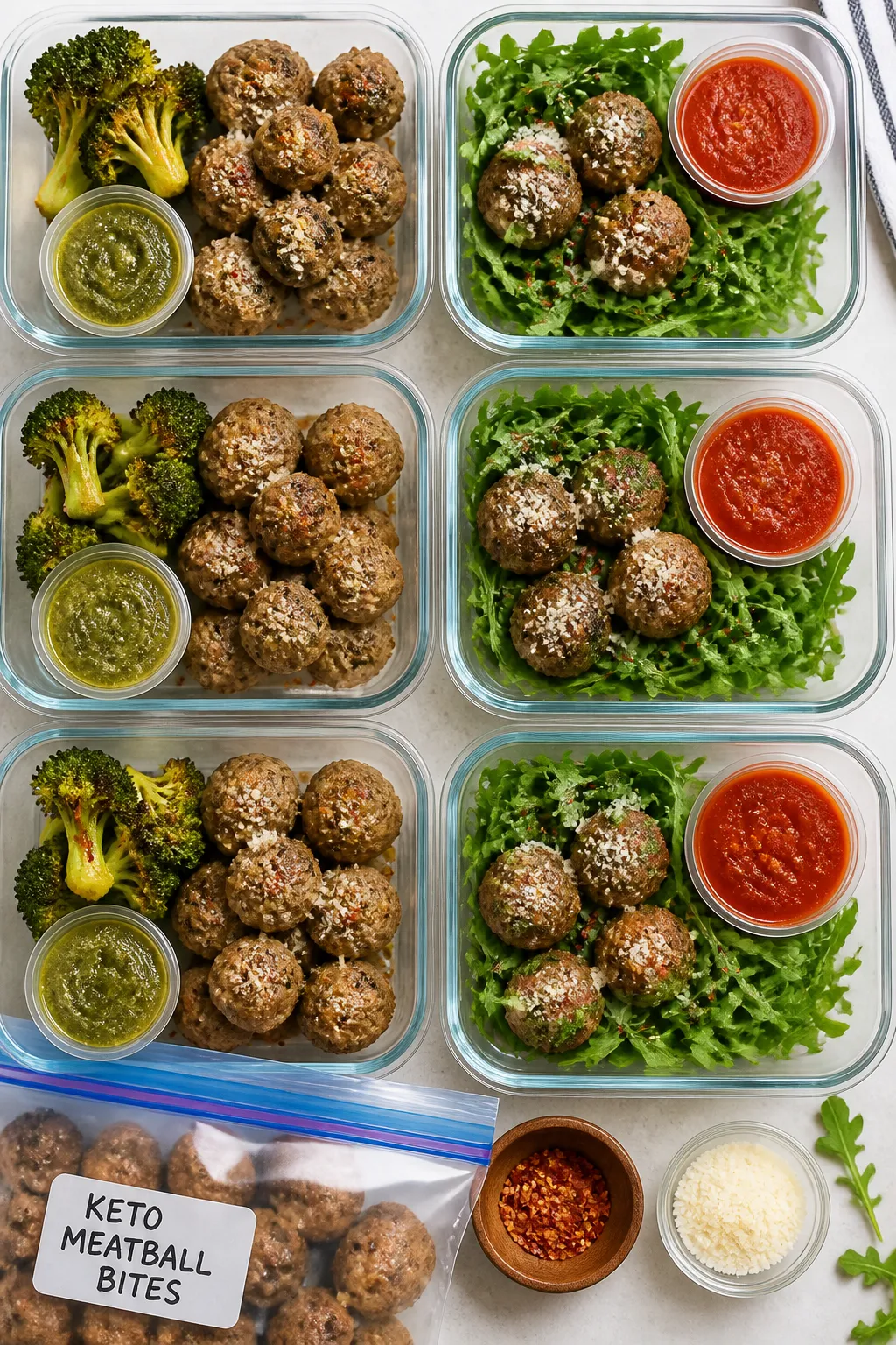 Overhead tasty top view: Meal-prep layout with neatly portioned keto meatball bites (6–8 per compa