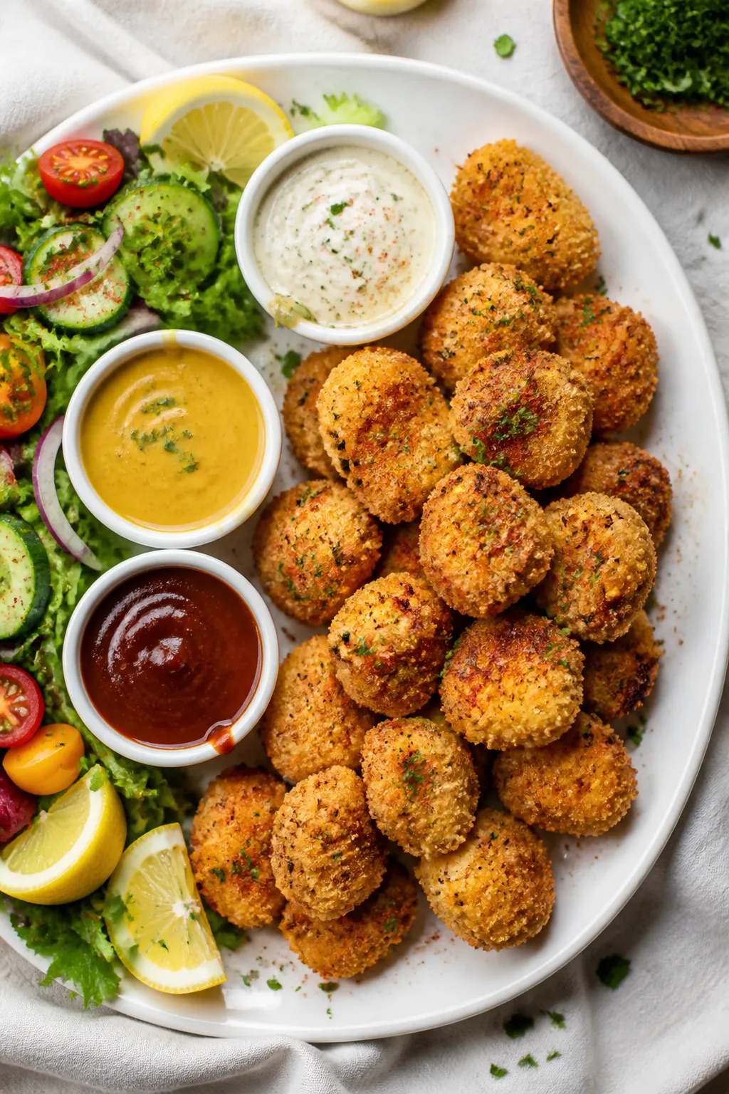 Overhead “tasty top view” of a family-style platter of Air Fryer Ranch Chicken Nuggets, arranged