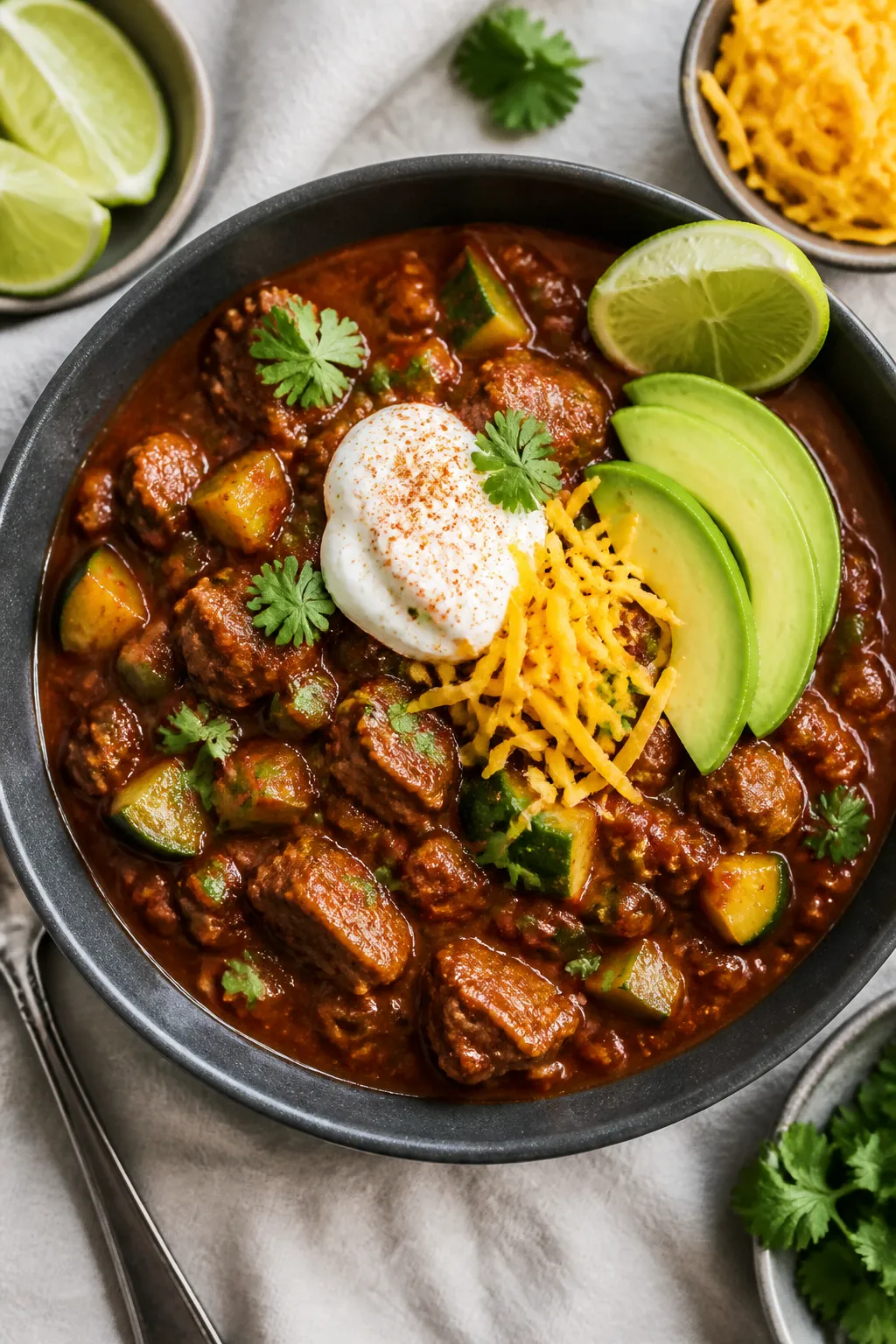 Overhead “tasty top view” of a finished bowl of keto steak chili: rich, glossy chili with chunky