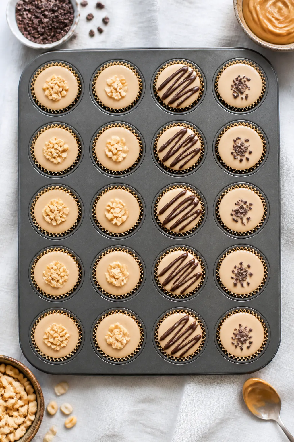 Overhead “tasty top view” of a full mini muffin tin lined with papers, each cup filled nearly to