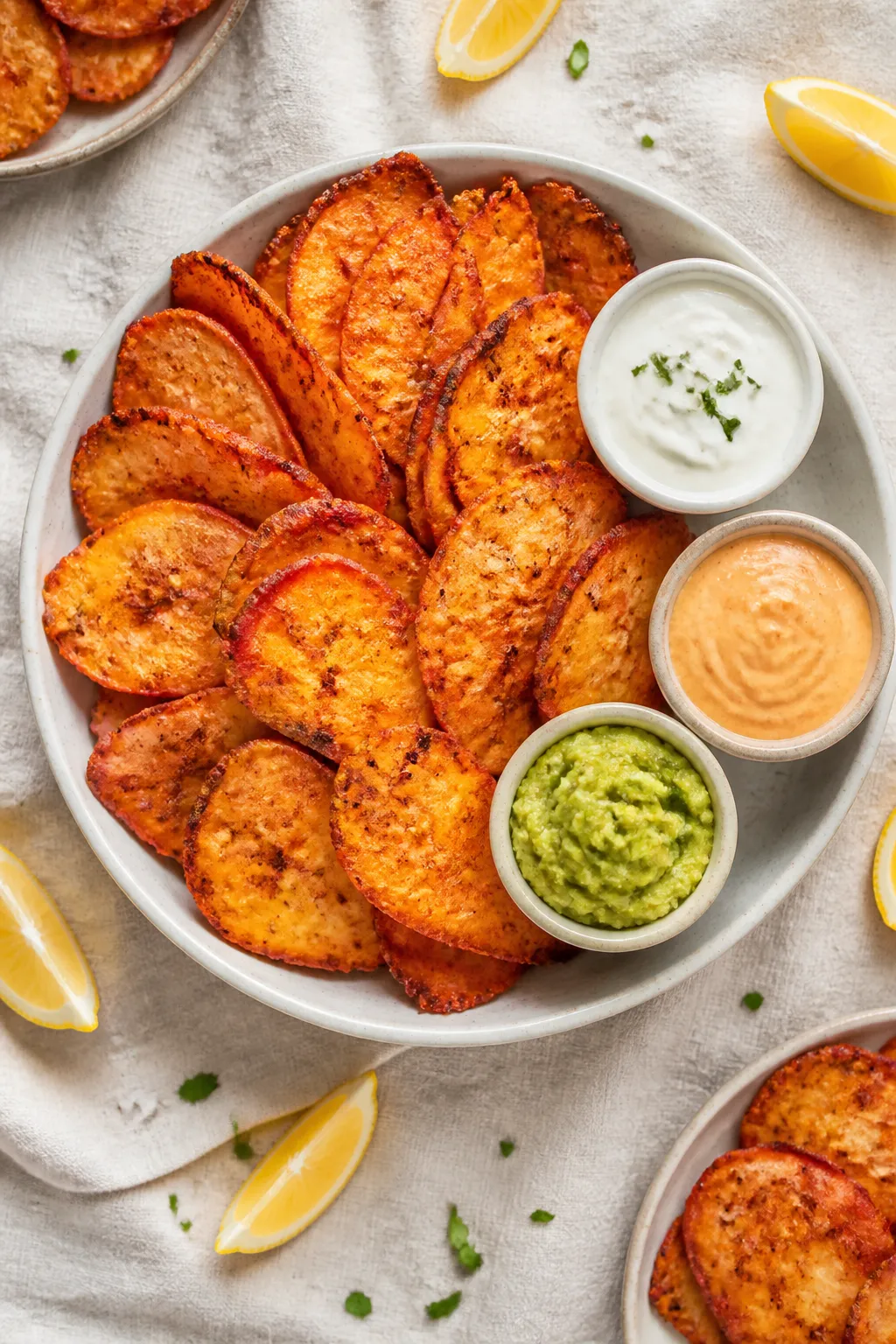 Overhead “tasty top view” of a heaping bowl of crispy keto chicken chips served with three keto-