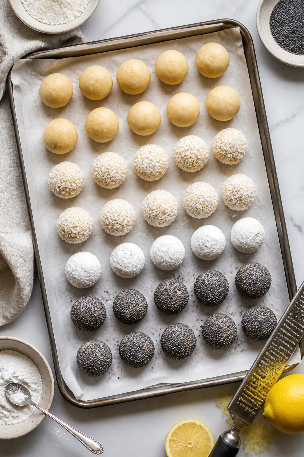 Overhead “tasty top view” of a parchment-lined tray of assorted coated truffles after rolling an