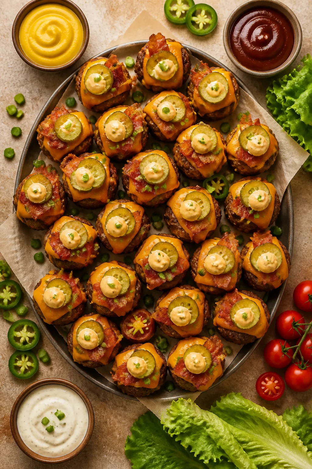 Overhead “tasty top view” of a party platter piled with Loaded Bacon Cheeseburger Bites, each to