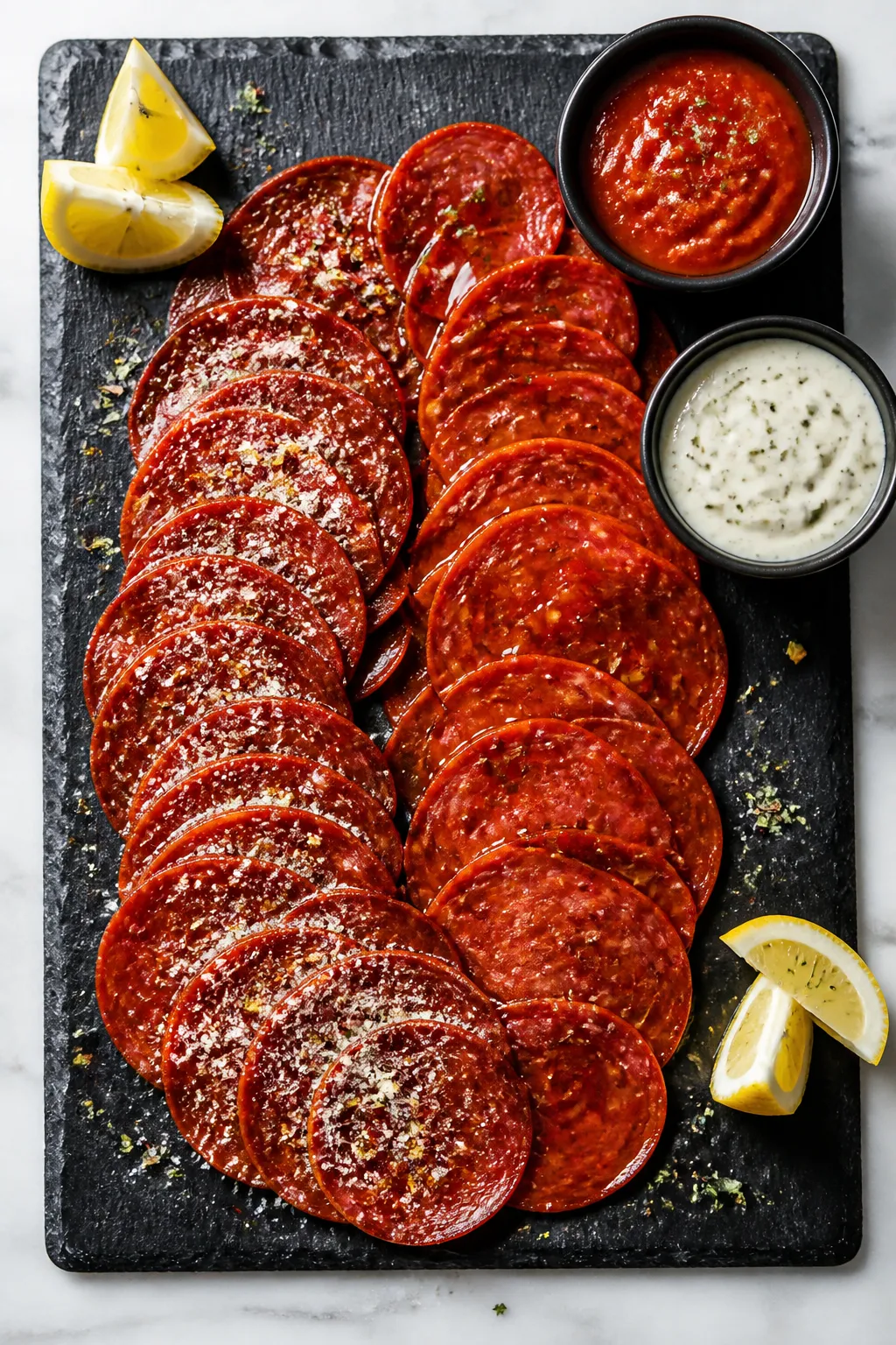 Overhead “tasty top view” of a party-ready platter of pepperoni crisps arranged in overlapping r