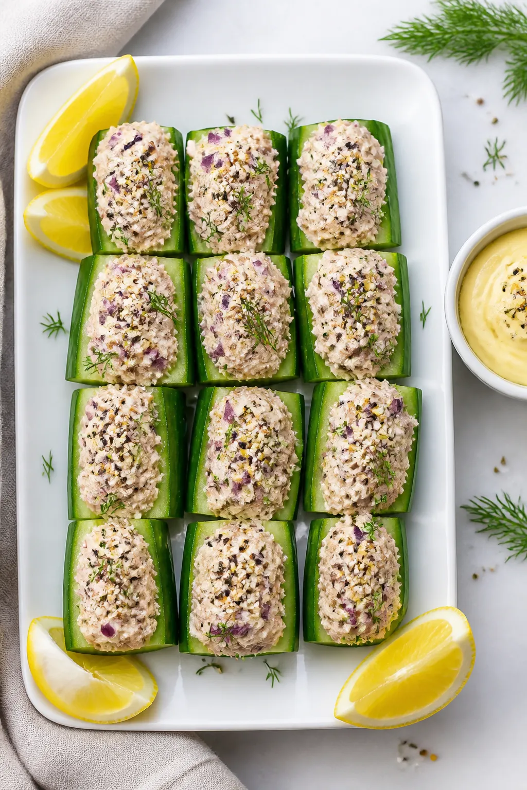 Overhead “tasty top view” of a platter of Keto Tuna Cucumber Boats arranged in tight rows on a w