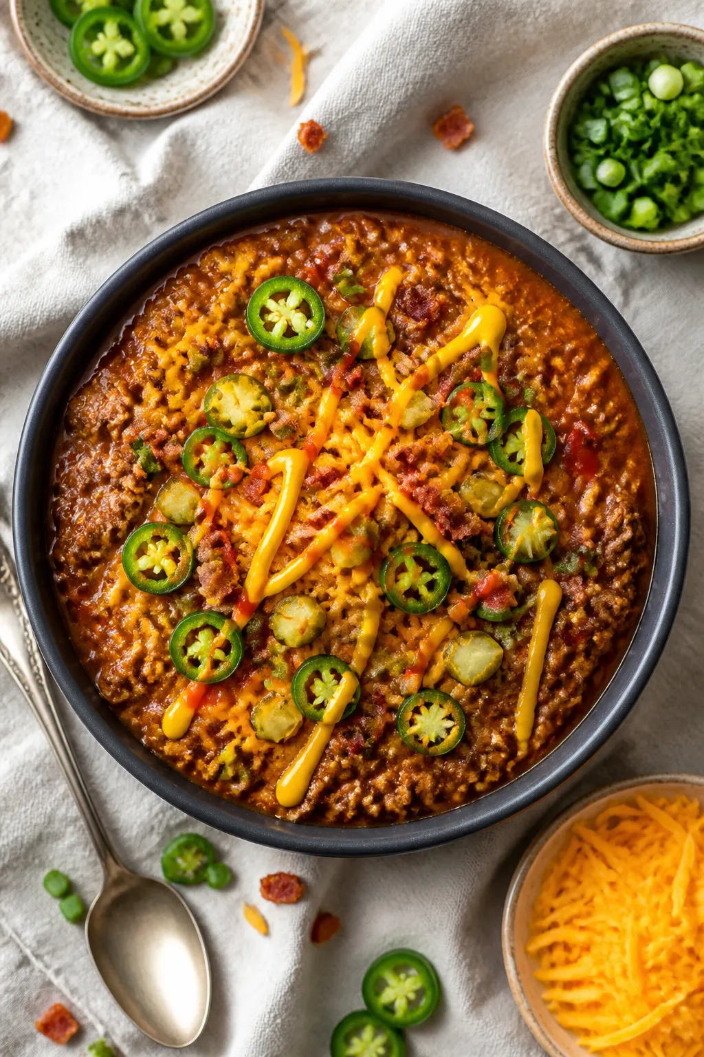 Overhead “tasty top view” of Keto Bacon Cheeseburger Chili just after the cheese step: thick, ve