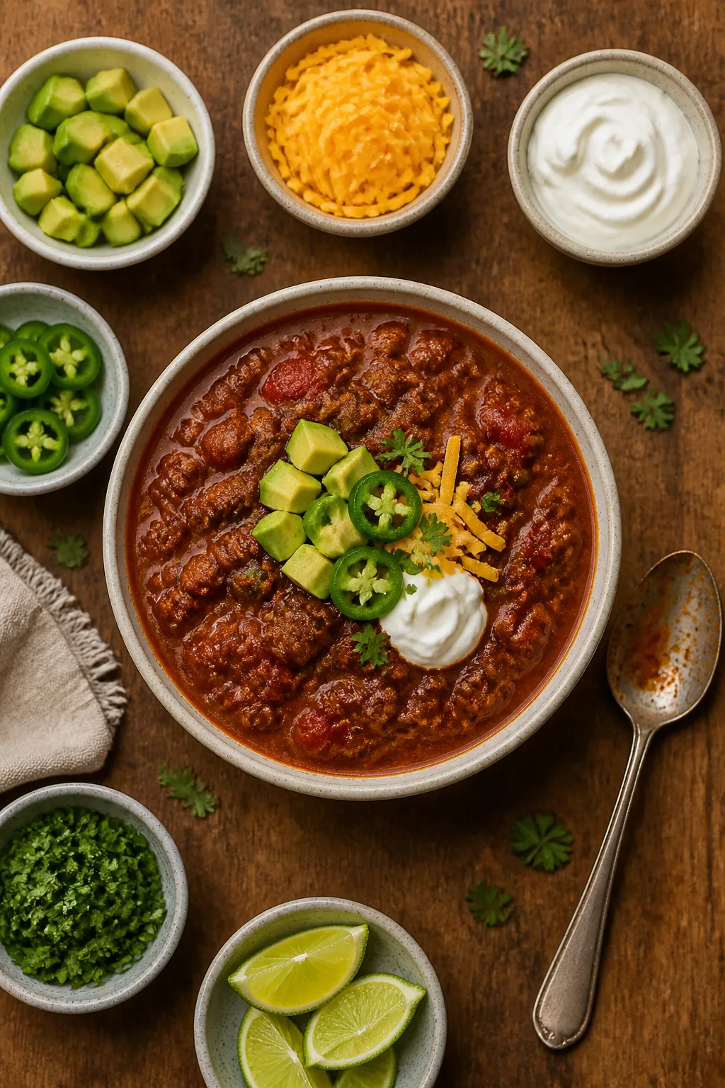 Overhead “tasty top view”: Top-down shot of a tablescape featuring a central bowl of thick, bean