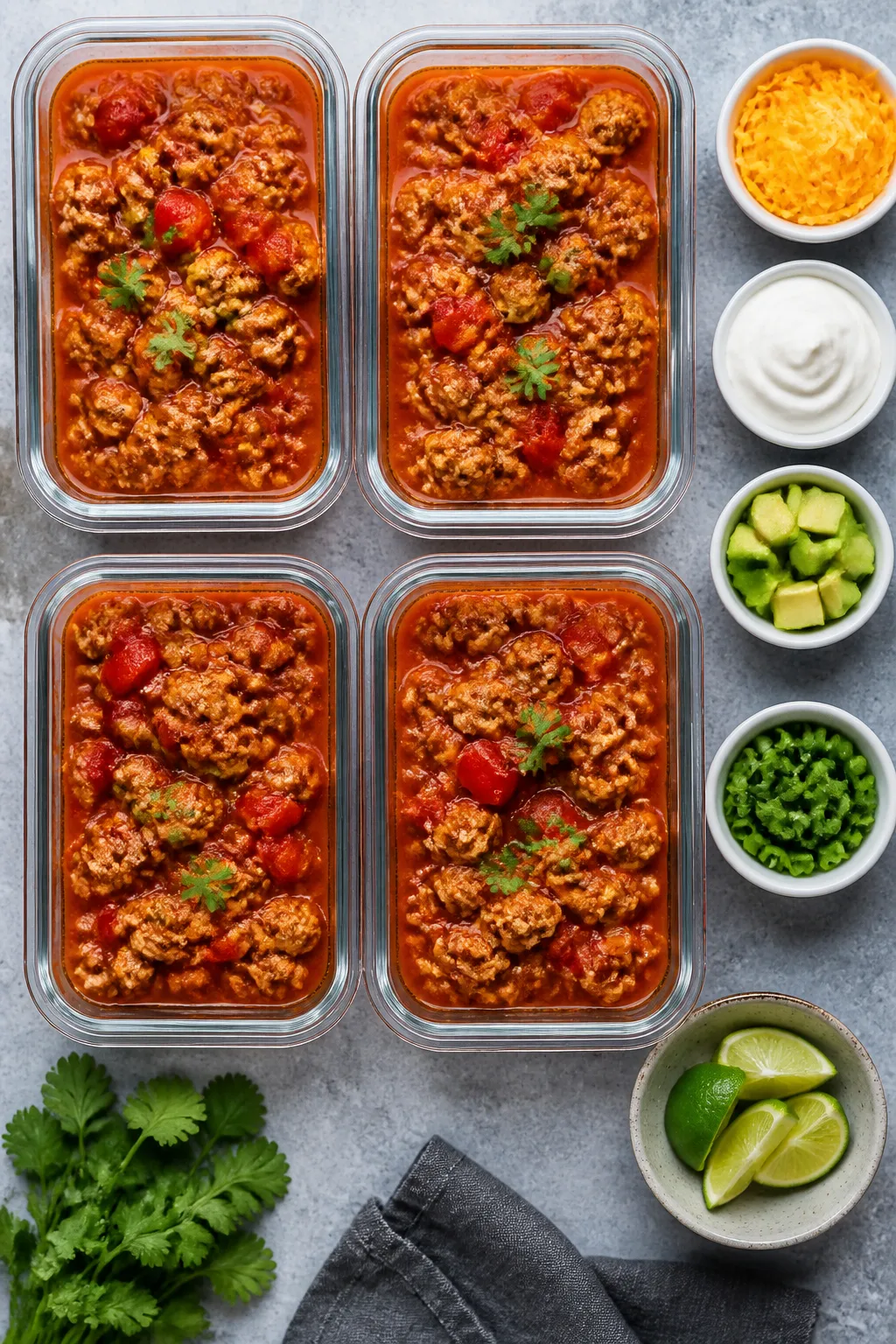 Overhead tasty top view: Top-down shot of meal-prep containers filled with thick, bean-free keto chi
