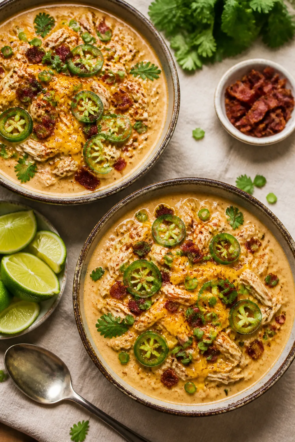 Overhead tasty top view: Two rustic bowls of Keto Crack Chicken Chili on a neutral linen, thick and