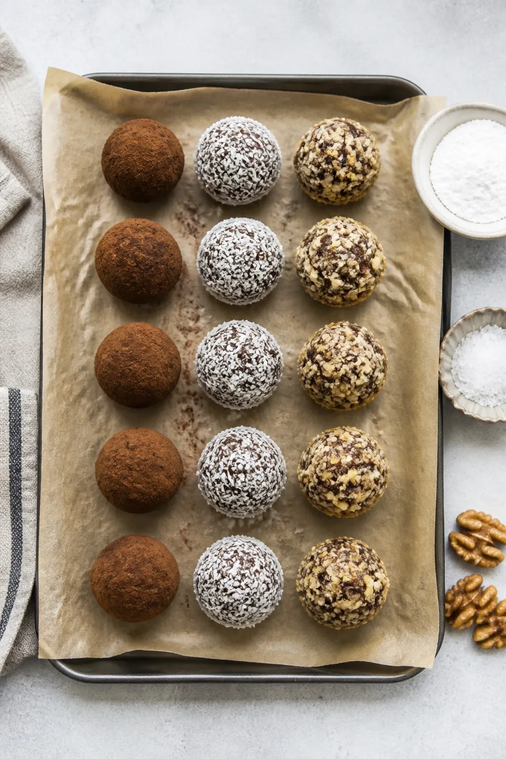 Overhead top-down shot of a chilled batch of keto brownie protein balls arranged in neat rows on a p