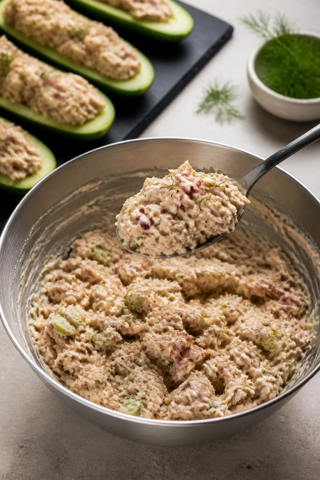 Process shot (prepared food stage) showing the tuna mixture being finished in a bowl, ready to spoon