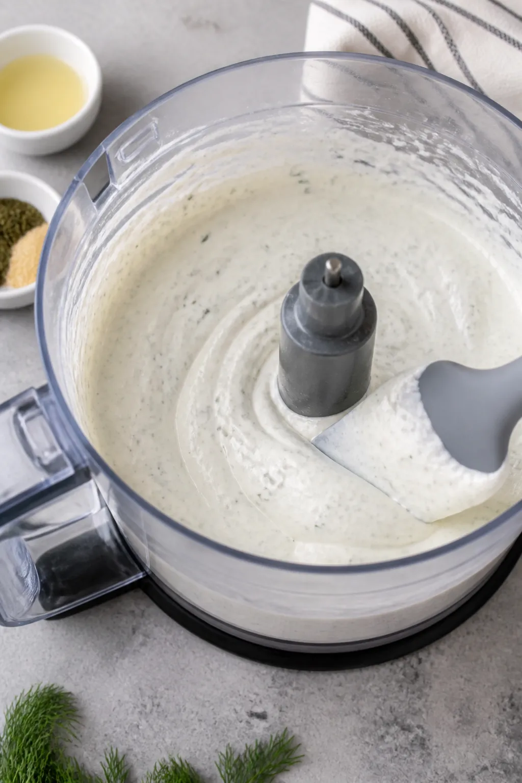 Process shot showing the blending stage: the blended cottage cheese ranch dip in a food processor bo