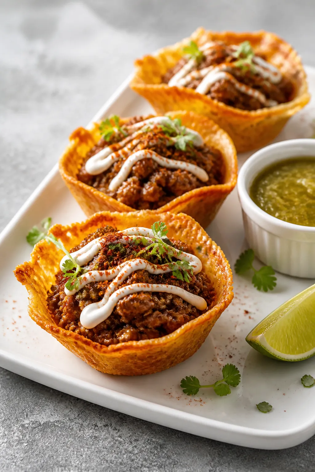 Restaurant-quality plated presentation: Three Keto Taco Cups arranged in a staggered line on a white